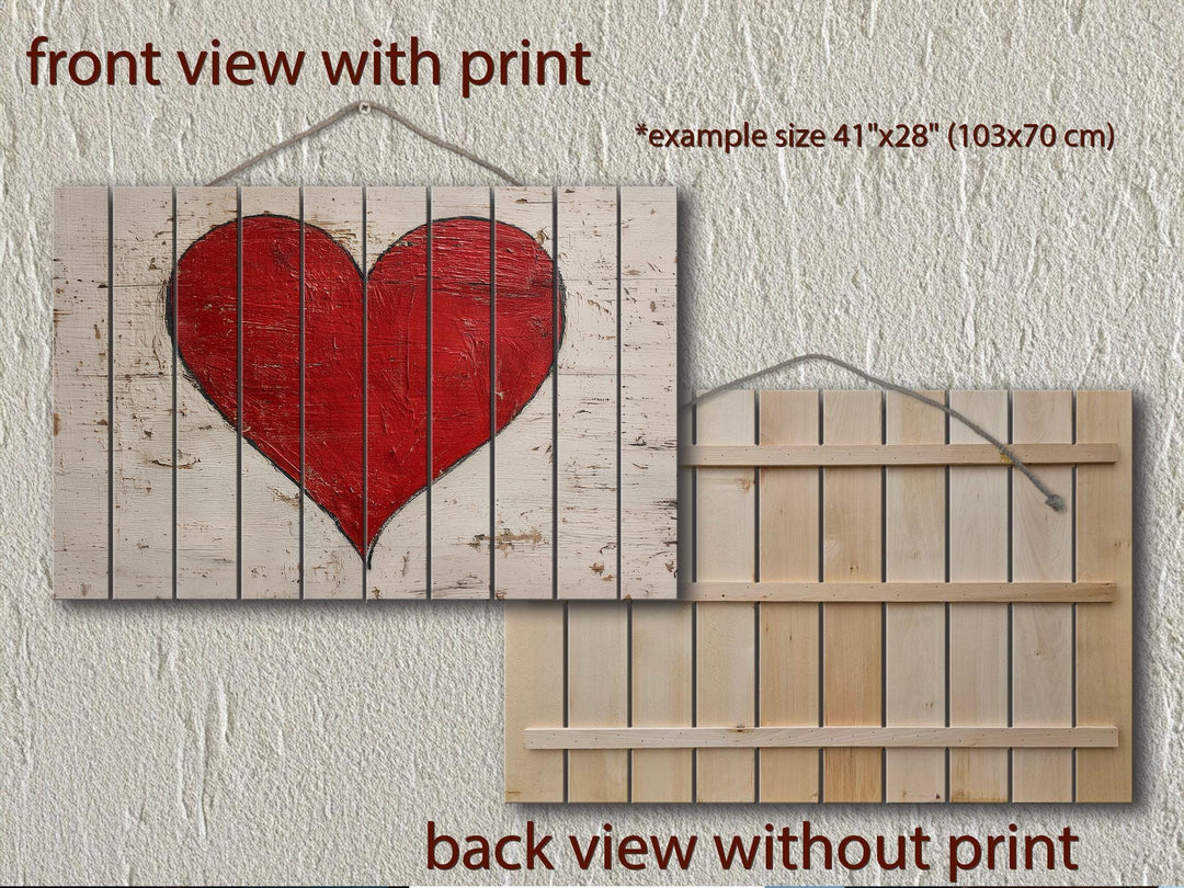 Rustic red heart printed on whitewashed wooden planks with a back view showing the wood structure.