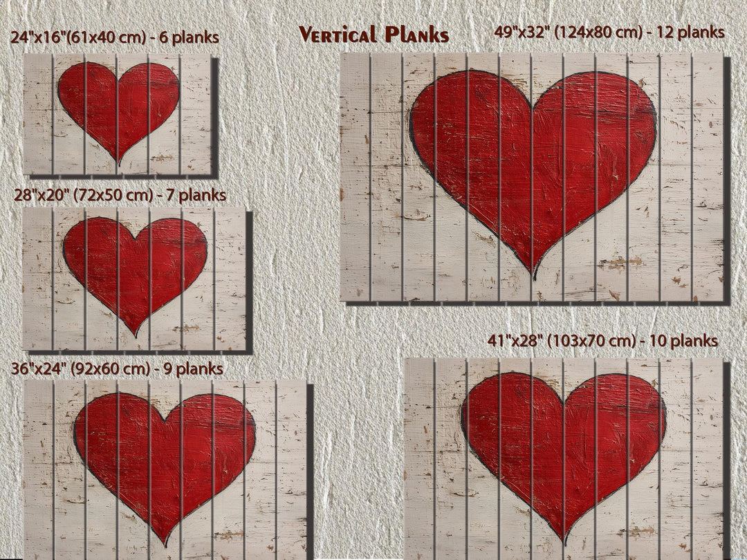 Rustic red heart wall art printed on vertical wooden planks in various sizes.