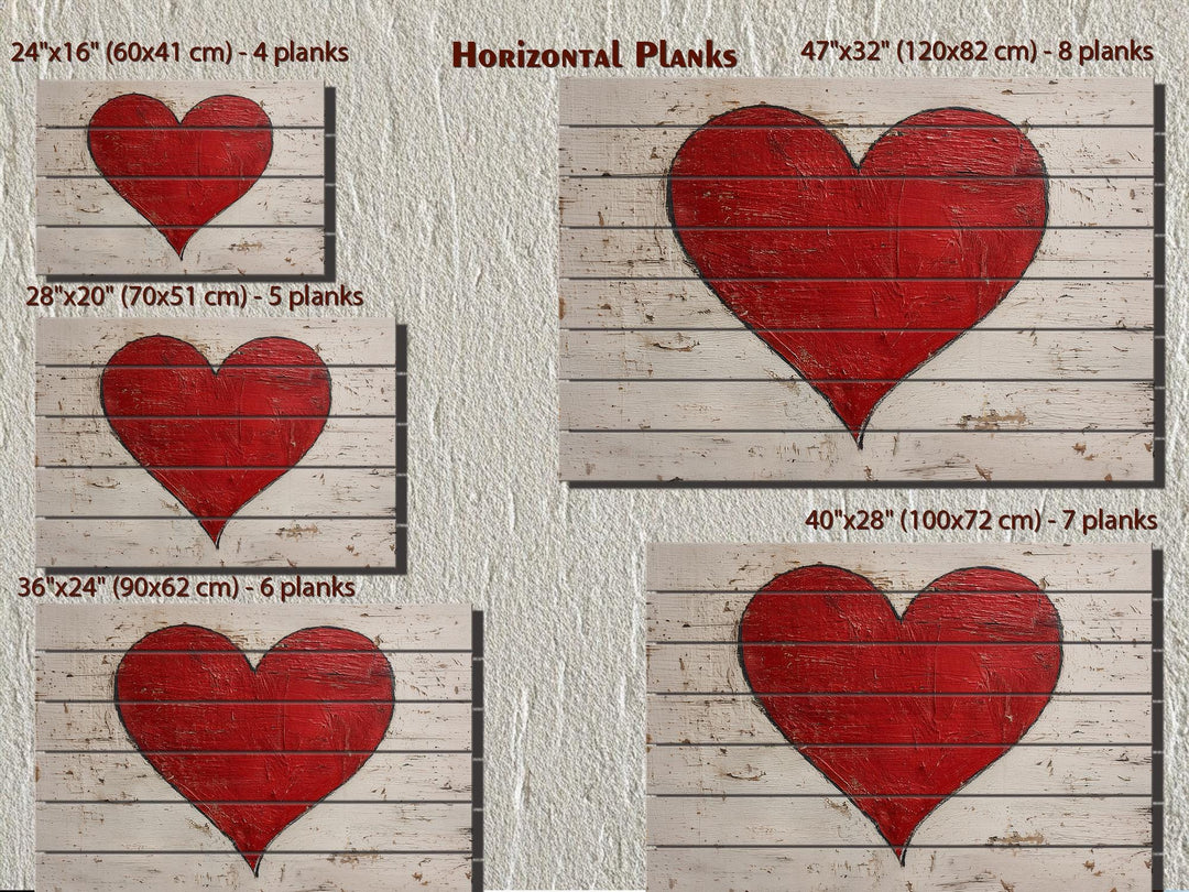 Rustic red heart wall art on horizontal whitewashed wood planks in various sizes.
