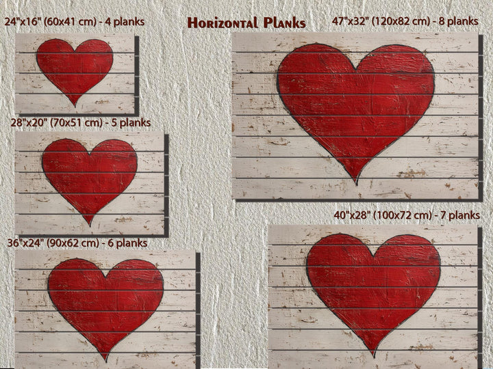 Rustic red heart wall art on horizontal whitewashed wood planks in various sizes.