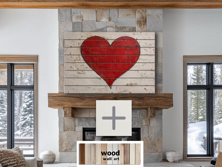 Rustic red heart painted on whitewashed wood planks hanging above a stone fireplace.