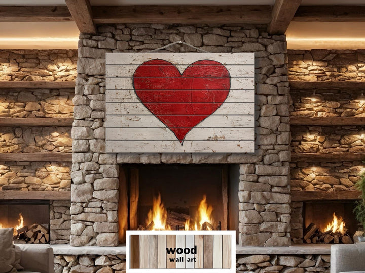 Rustic red heart painted on horizontal whitewashed wood planks above a stone fireplace.