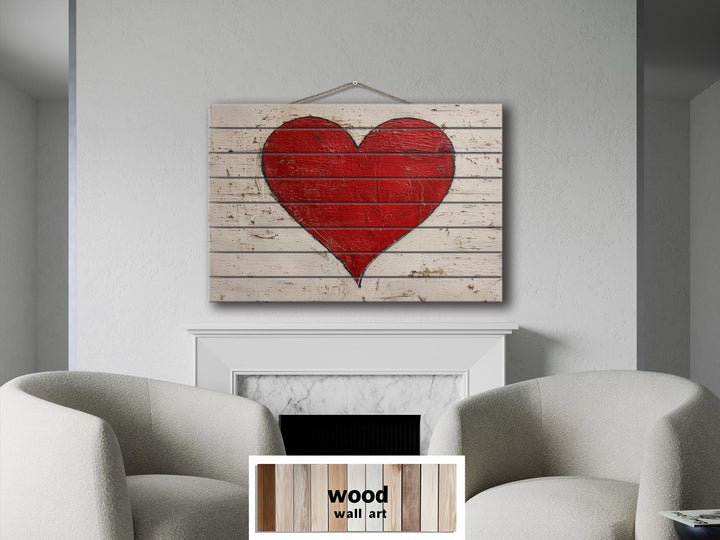 Rustic red heart painted on weathered white wood planks hanging above a fireplace.