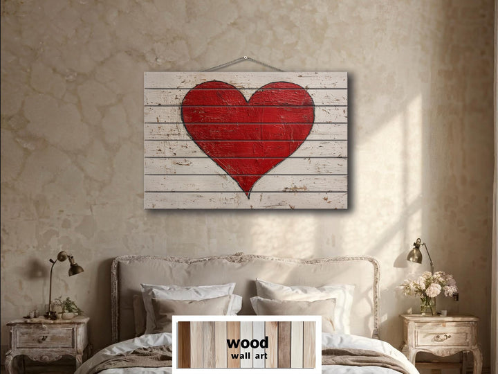Rustic red heart wall art printed on horizontal wooden planks for farmhouse home decor.