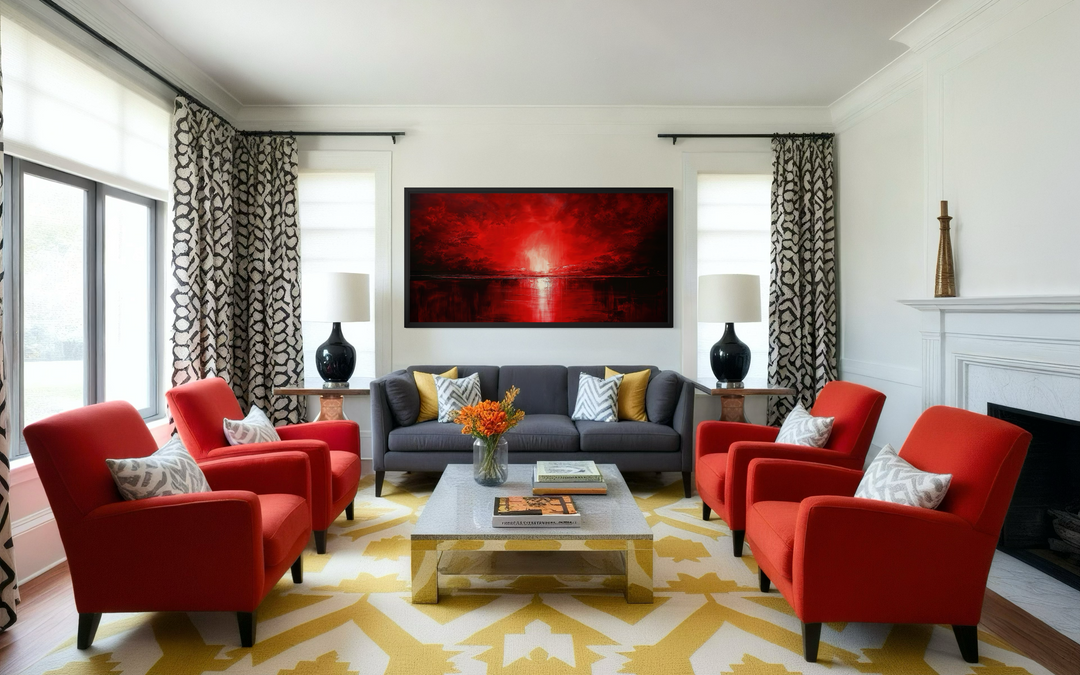 Horizontal framed canvas wall art featuring an abstract red sunset over a dark, reflective ocean.