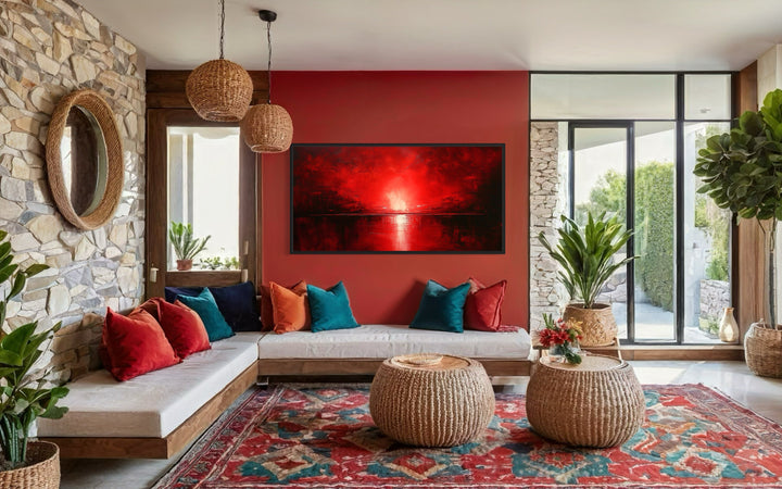 Red Ocean Sunset Framed Canvas Wall Art