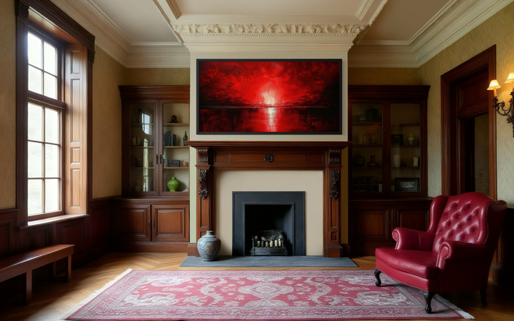 Red Ocean Sunset Framed Canvas Wall Art displayed above a fireplace in a classic study.