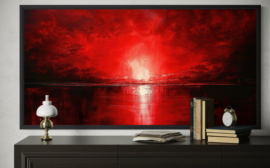 Red Ocean Sunset Framed Canvas Wall Art featuring a dramatic red sky over a reflective dark sea.