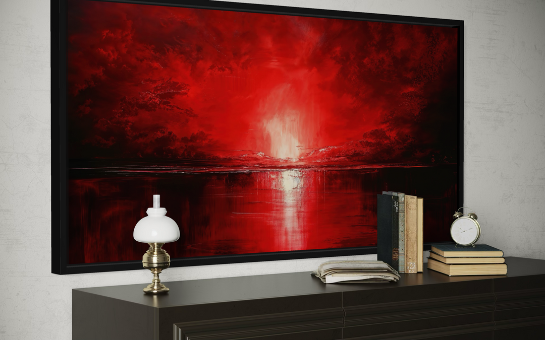 Red Ocean Sunset Framed Canvas Wall Art featuring a dramatic crimson sky over a dark reflective sea.
