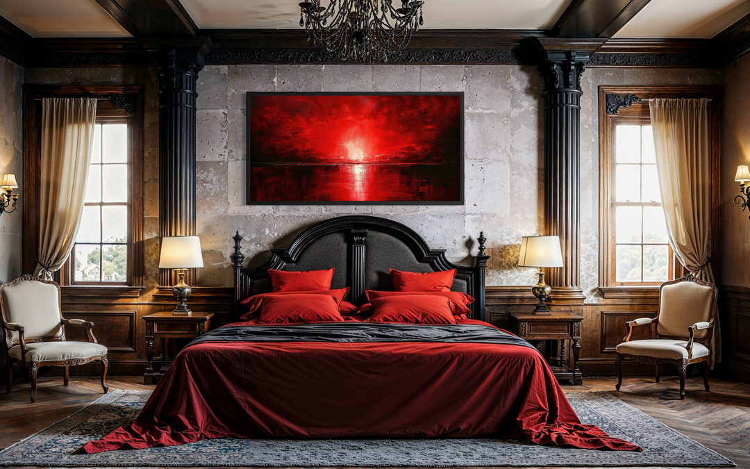 Red Ocean Sunset Framed Canvas Wall Art displayed above a bed in a gothic-style bedroom.