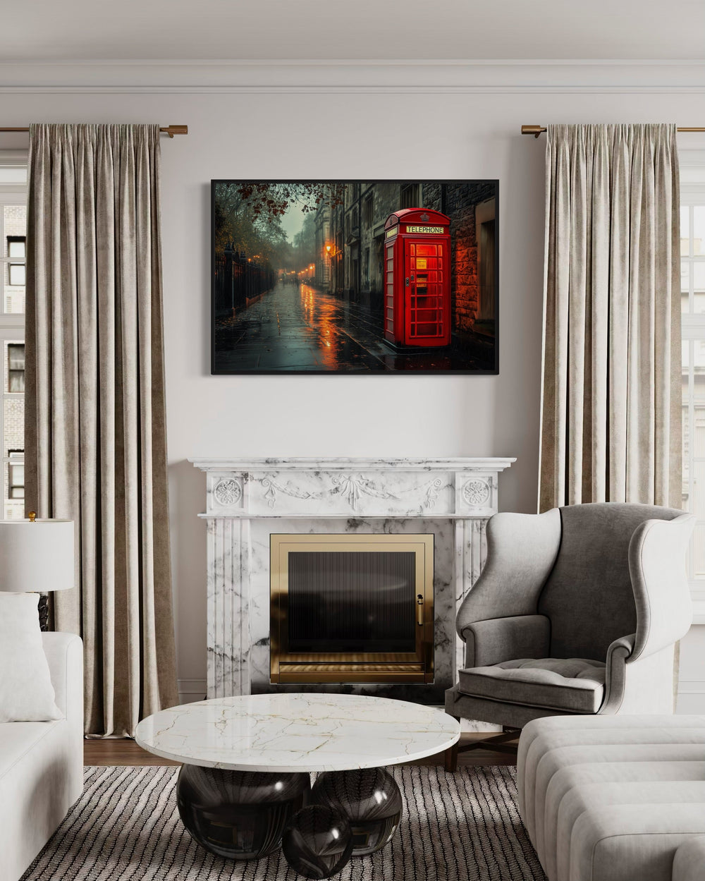 Library Wall Decor - Red Phone Booth In Rainy London Street Framed Canvas Wall Art