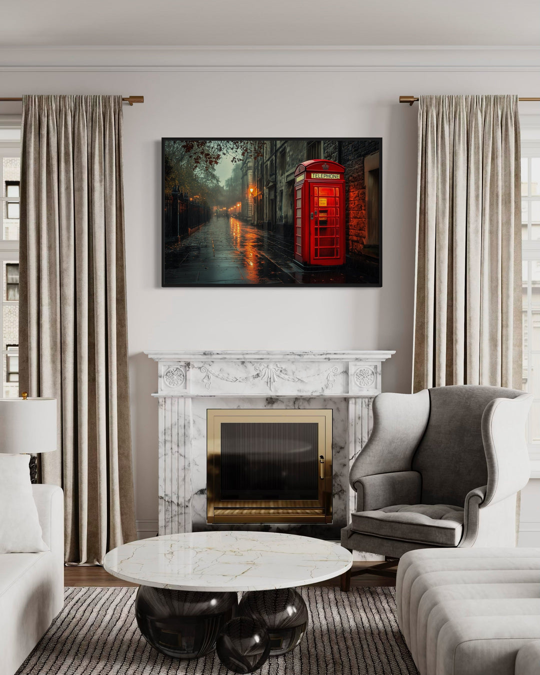 Red Phone Booth In Rainy London Street Framed Canvas Wall Art