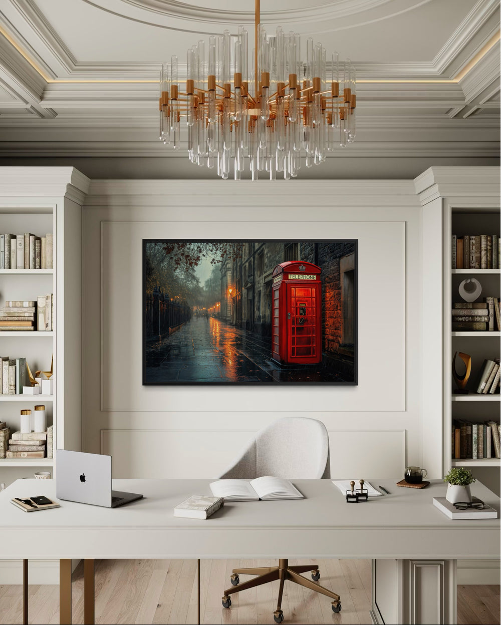 Red Phone Booth In Rainy London Street Framed Canvas Wall Art
