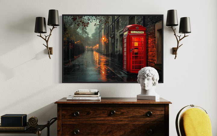 Red Phone Booth In Rainy London Street Framed Canvas Wall Art