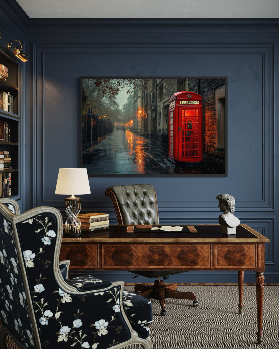 Red Phone Booth In Rainy London Street Framed Canvas Wall Art