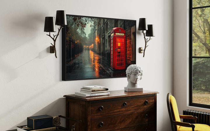 Red Phone Booth In Rainy London Street Framed Canvas Wall Art