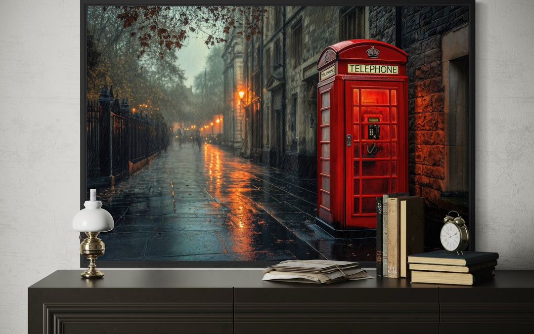 Red Phone Booth In Rainy London Street Framed Canvas Wall Art
