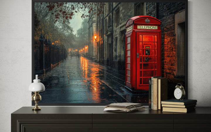 Red Phone Booth In Rainy London Street Framed Canvas Wall Art
