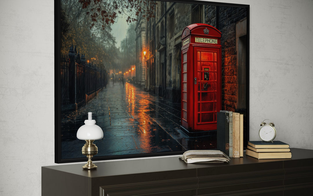 Red Phone Booth In Rainy London Street Framed Canvas Wall Art
