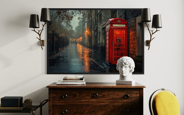 Red Phone Booth In Rainy London Street Framed Canvas Wall Art