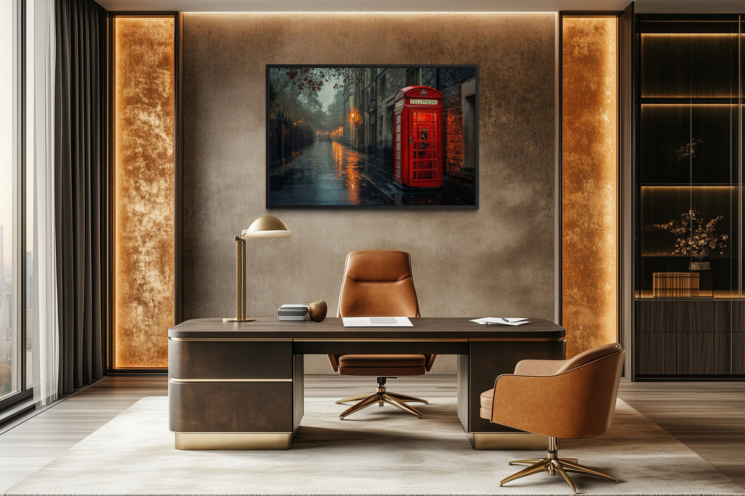Red Phone Booth In Rainy London Street Framed Canvas Wall Art