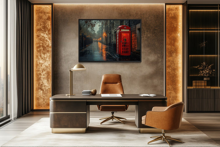 Red Phone Booth In Rainy London Street Framed Canvas Wall Art
