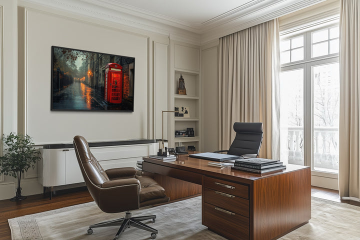 Red Phone Booth In Rainy London Street Framed Canvas Wall Art