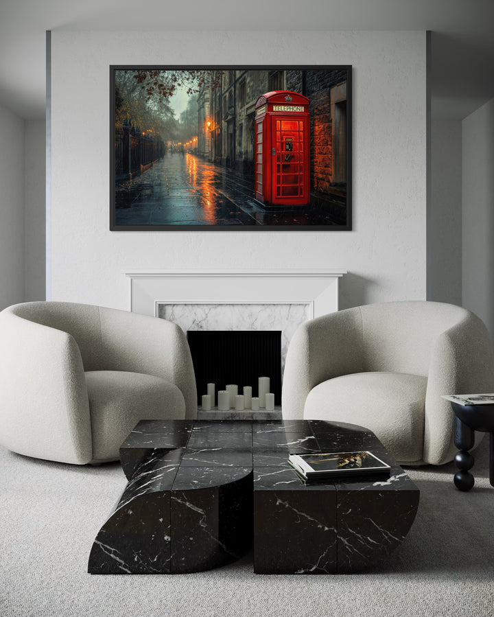 Red Phone Booth In Rainy London Street Framed Canvas Wall Art