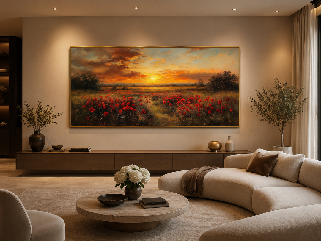 Panoramic canvas wall art of a red poppy field at sunset in a modern living room setting.