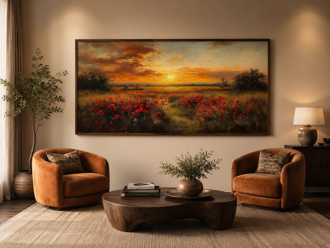 Panoramic wall art of a red poppy field at sunset, framed above two orange armchairs.