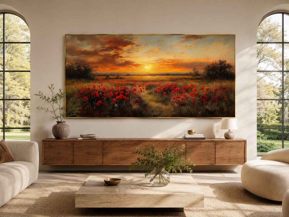 Panoramic canvas wall art of a red poppy field at sunset in a gold frame above a wooden console.