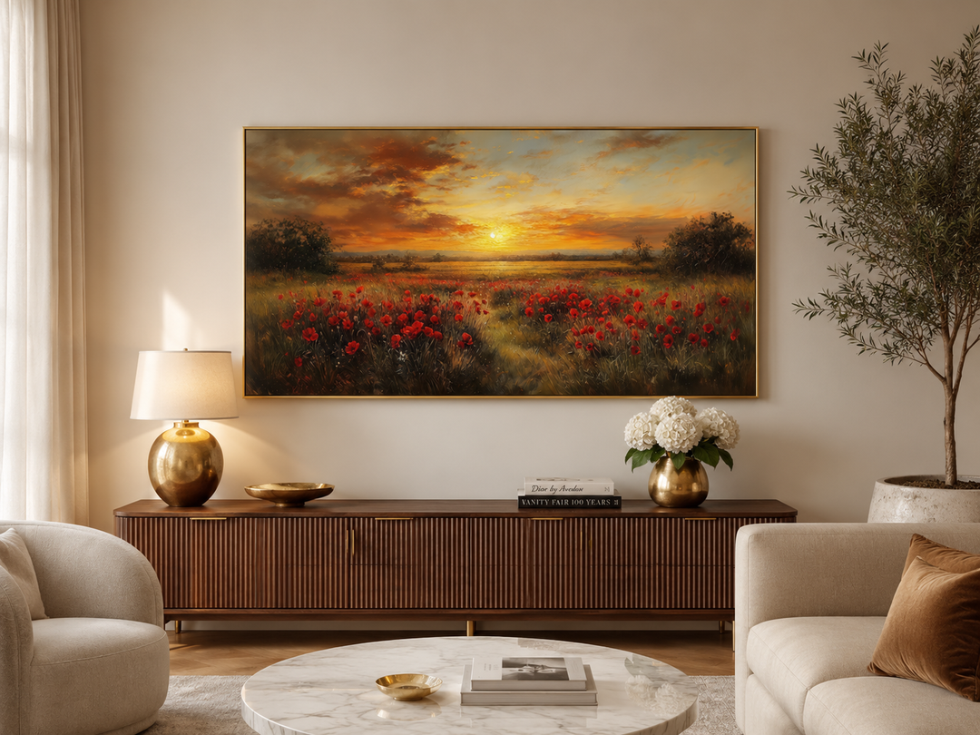 Panoramic wall art of a red poppy field at sunset in a gold frame above a wooden sideboard.