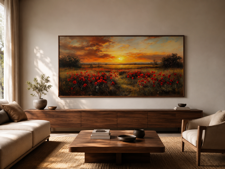 Panoramic canvas print of a red poppy field at sunset in a wooden frame above a living room console.