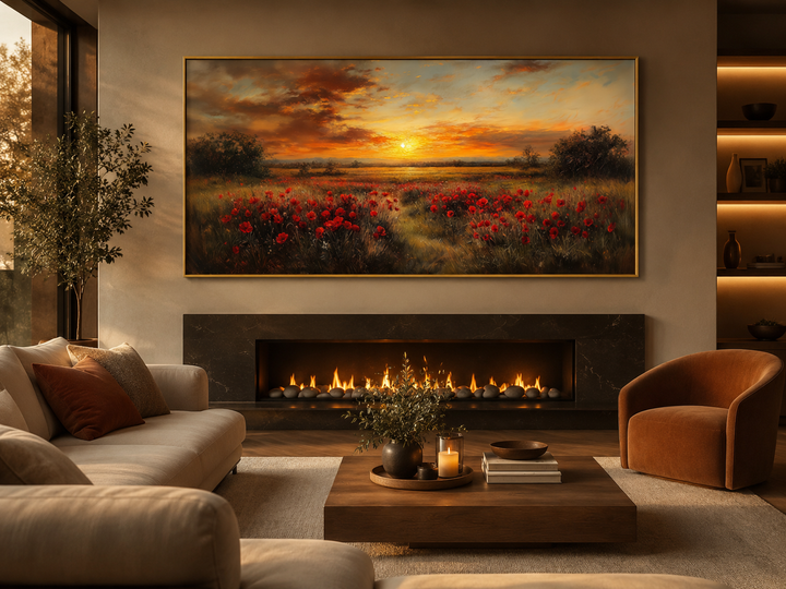 Panoramic canvas wall art of a red poppy field at sunset above a modern fireplace in a living room.