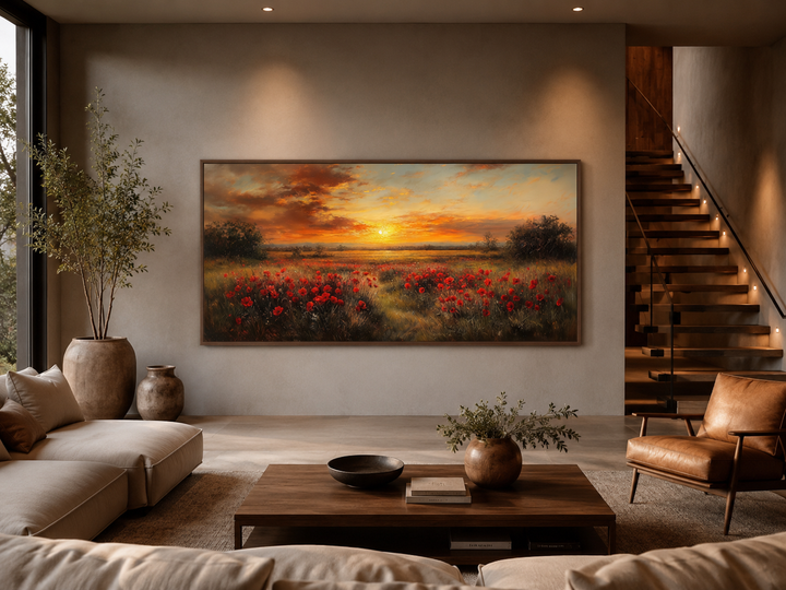 Panoramic canvas wall art of a red poppy field at sunset in a modern living room setting.