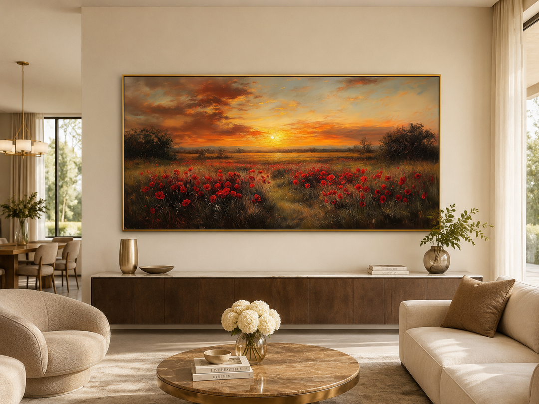 Panoramic canvas wall art of a red poppy field at sunset in a gold frame above a living room console.