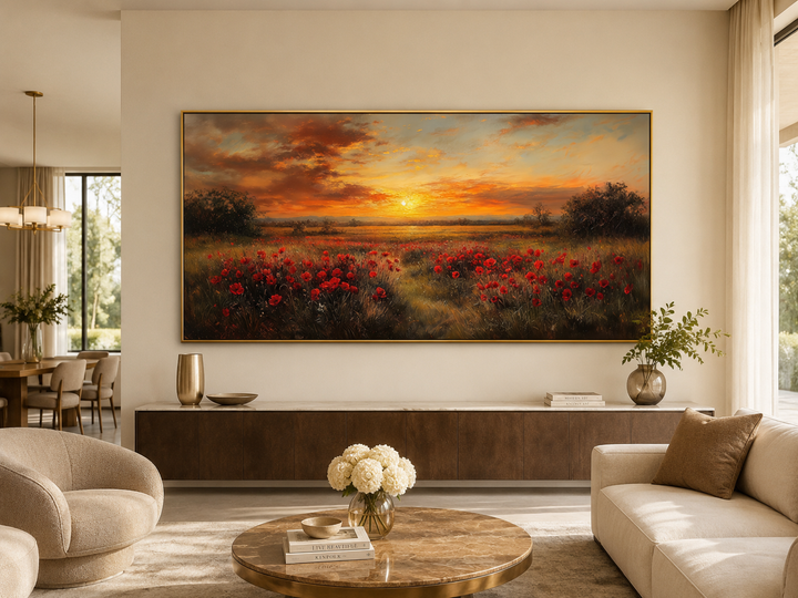 Panoramic canvas wall art of a red poppy field at sunset in a gold frame above a living room console.