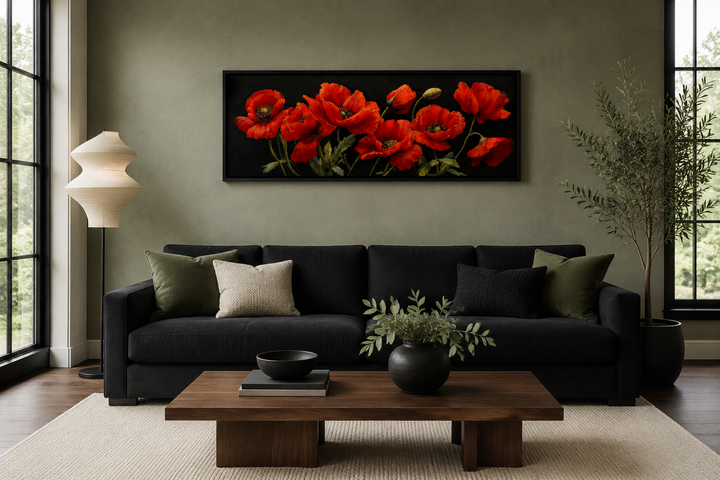 Long horizontal framed canvas wall art featuring red poppies on a black background.
