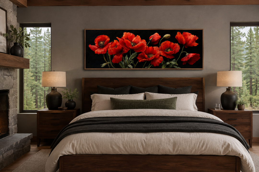 Red poppies on black background long horizontal framed canvas wall art above a bed in a bedroom.