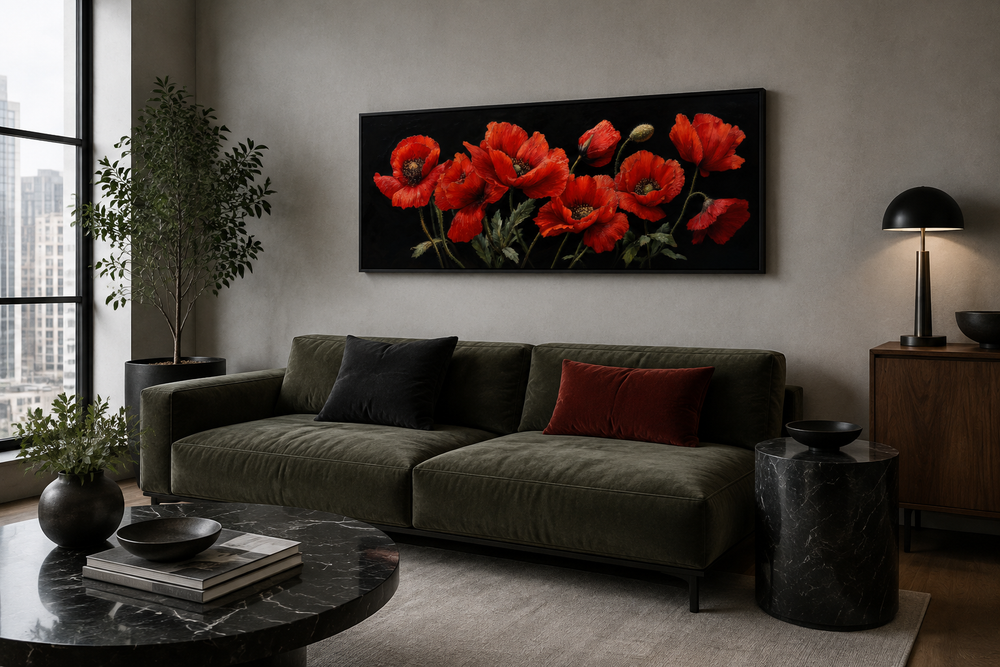 Long horizontal framed canvas wall art featuring vibrant red poppies on a deep black background.