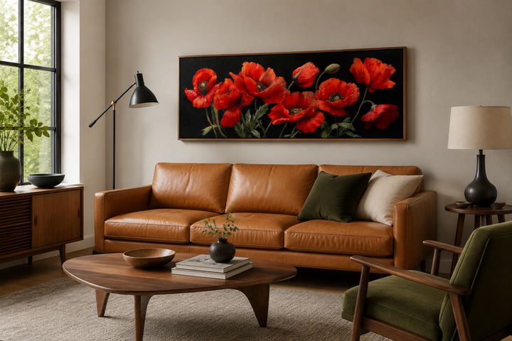 Long horizontal framed canvas wall art featuring red poppies on a black background above a sofa.