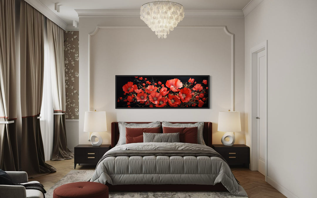 Red Poppies On Black Background Long Horizontal Framed Canvas Wall Art