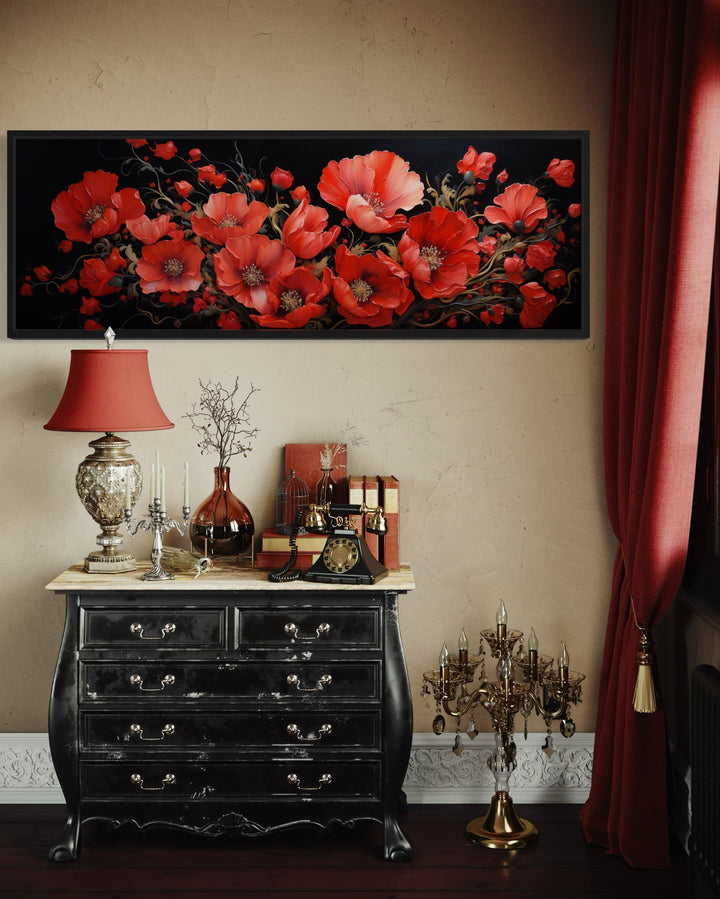 Red Poppies On Black Background Long Horizontal Framed Canvas Wall Art