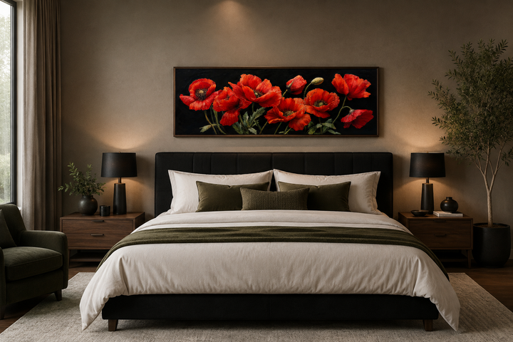 Long horizontal framed canvas wall art featuring red poppies on a black background above a bed.