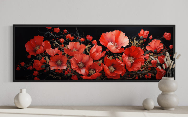 Red Poppies On Black Background Long Horizontal Framed Canvas Wall Art