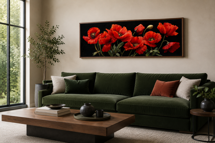 Long horizontal framed canvas wall art featuring vibrant red poppies on a black background.