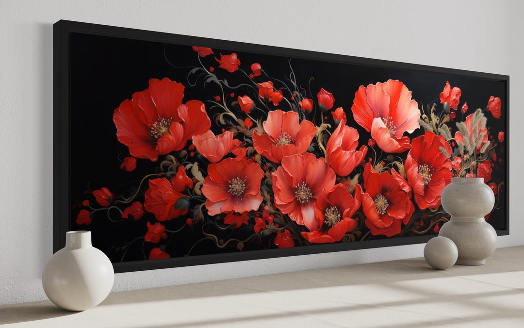 Red Poppies On Black Background Long Horizontal Framed Canvas Wall Art