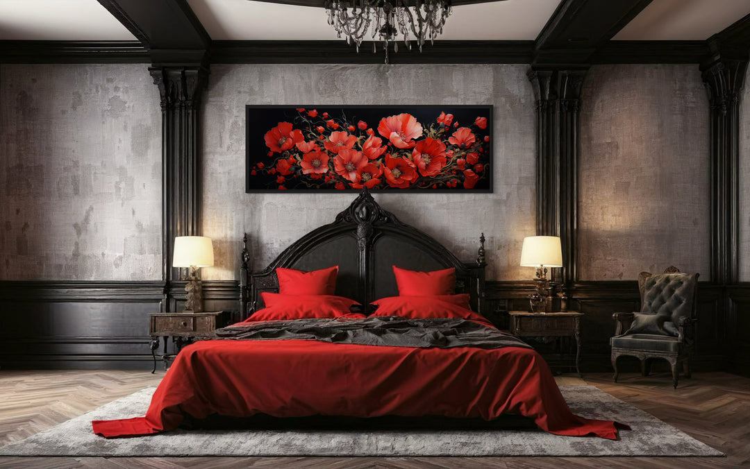 Red Poppies On Black Background Long Horizontal Framed Canvas Wall Art