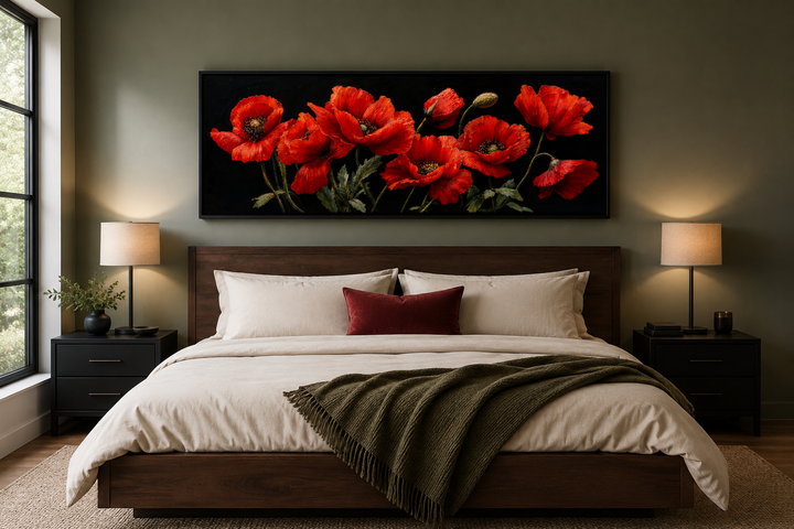 Long horizontal framed canvas wall art featuring red poppies on a black background above a bed.