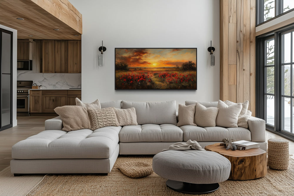 Red Poppies Wall Art – Panoramic Floral Landscape Canvas | Rustic Farmhouse Decor